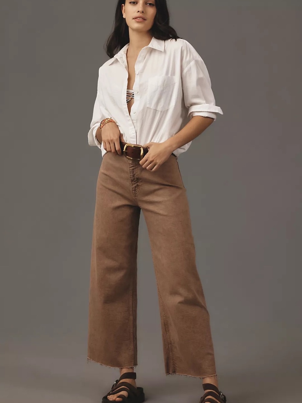 Pistola Penny Brown High Rise Distressed Raw Hem Pockets Wide Leg Jeans